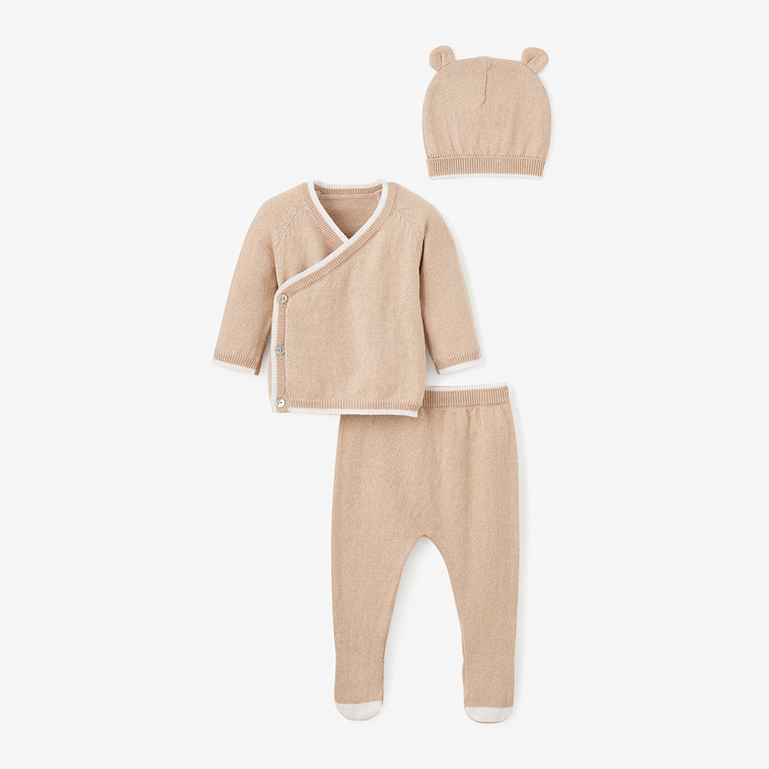 Unisex Cashmere Blend Baby Layette Set 3-Piece Tan
